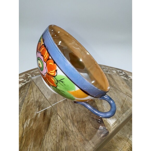 3 Vintage Hand Painted Lusterware Orange Gold Blue Floral Teacup Japanese READ - Picture 8 of 16